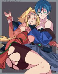 Rule 34 | 2girls, bare shoulders, black shorts, blonde hair, blue dress, blue hair, breasts, character name, collarbone, dated, detached sleeves, dress, earrings, facial mark, fiona (zoids), forehead mark, futa yuri ryona, green eyes, hand grab, highres, jewelry, medium breasts, medium hair, multiple girls, red dress, red eyes, ryss, shorts, smirk, tears, torn clothes, torn shorts, zoids, zoids chaotic century