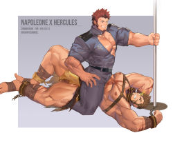 Rule 34 | 2boys, abs, absurdres, alternate costume, bara, bare pectorals, blue eyes, brown hair, bulge, chain, character name, chest harness, commission, cross scar, crossover, cuffs, english text, facial hair, fate/grand order, fate (series), flaming eye, goatee, handcuffs, harness, heracles (housamo), highres, large pectorals, long sideburns, male focus, multiple boys, muscular, napoleon bonaparte (fate), navel, nipples, on person, outside border, pectorals, pelvic curtain, pole, police, police uniform, revealing clothes, scar, scar on chest, short hair, sideburns, sitting, sitting on person, spread legs, stripper, stripper pole, thick thighs, thighs, tokyo houkago summoners, unbuttoned, undressing, uniform, xianyusamuel, yaoi, yellow eyes