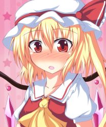 Rule 34 | 1girl, ascot, blonde hair, blush, dress, fang, female focus, flandre scarlet, fookun, hat, hat ribbon, looking at viewer, naba (take tonbo), open mouth, puffy sleeves, red dress, red eyes, ribbon, shirt, short sleeves, side ponytail, solo, star (symbol), touhou, upper body, wings