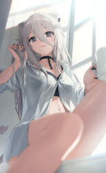 Rule 34 | 1girl, ahoge, alternate costume, animal ear piercing, animal ears, bare legs, black bra, black choker, black eyes, black nails, blurry, bra, breasts, broken, broken chain, chain, choker, closed mouth, commentary, cup, depth of field, english commentary, feet out of frame, grey hair, hair between eyes, hand in own hair, highres, holding, holding cup, hololive, lion ears, lion girl, lion tail, long hair, looking at viewer, medium breasts, mixed-language commentary, nail polish, navel, partially unbuttoned, shirt, shishiro botan, sitting, smile, solo, sunlight, tail, torjun 111, underwear, virtual youtuber, white shirt, window