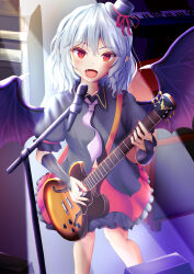 Rule 34 | 1girl, alternate costume, bat wings, black hat, black shirt, collared shirt, commentary request, fang, feet out of frame, grey hair, guitar, hat, highres, holding, holding instrument, instrument, looking at viewer, microphone stand, mini hat, mini top hat, mizunisabano, music, necktie, open mouth, playing instrument, pointy ears, purple necktie, red eyes, red nails, red skirt, remilia scarlet, shirt, short hair, skirt, slit pupils, solo, stage lights, top hat, touhou, wings