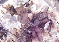 Rule 34 | 1girl, artoria pendragon (fate), ass, back, blonde hair, blue eyes, capcom, dutch angle, fate/stay night, fate/unlimited codes, fate (series), flower, frills, from behind, garter belt, garter straps, geister, lily (flower), panties, petals, ponytail, saber (fate), saber lily, short hair, signature, solo, sword, thong, too many, underwear, weapon