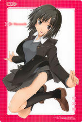 Rule 34 | 1girl, amagami, artist request, black eyes, black hair, blazer, competition swimsuit, female focus, full body, highres, jacket, jumping, kamino ryuuya, kneehighs, nanasaki ai, one-piece swimsuit, open mouth, school uniform, short hair, skirt, smile, socks, solo, sweater, swimsuit, swimsuit under clothes
