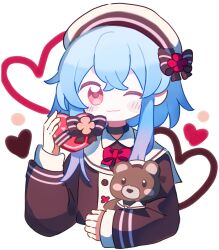 Rule 34 | 1boy, absurdres, akaruku, alternate costume, alternate hairstyle, arknights, blue hair, blush, bow, bowtie, brown shirt, buttons, commentary, cropped torso, english commentary, gradient hair, heart, highres, holding, holding heart, holding stuffed toy, looking at viewer, male focus, mizuki (arknights), multicolored hair, one eye closed, pink eyes, purple hair, red bow, red bowtie, sailor collar, shirt, short hair with long locks, simple background, smile, solo, stuffed animal, stuffed toy, teddy bear, white background, white headwear, white sailor collar