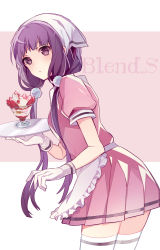 Rule 34 | 1girl, apron, blend s, copyright name, cowboy shot, food, fruit, gloves, hair ornament, head scarf, highres, holding, holding tray, long hair, looking at viewer, low twintails, pink background, pink skirt, purple eyes, purple hair, sakuranomiya maika, short sleeves, simple background, skirt, solo, standing, stile uniform, strawberry, thighhighs, tray, twintails, uehara (dormmmmir ), waitress, white gloves, white thighhighs