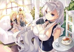 Rule 34 | 3girls, :d, animal ears, apron, azur lane, bare shoulders, bekotarou, belfast (azur lane), black panties, blonde hair, blue eyes, book, bookshelf, bow, braid, breasts, buttons, chain, choker, cleavage, closed eyes, collarbone, commentary, commentary request, cream, crown, cup, curtains, detached collar, elbow gloves, epaulettes, french braid, frills, gloves, hair bow, hair tubes, hand on own chest, headband, indoors, large breasts, long hair, looking at another, looking at viewer, maid, maid apron, maid headdress, mini crown, multiple girls, no pants, open mouth, panties, pillar, purple eyes, queen elizabeth (azur lane), rigging, scarf, shoes, sidelocks, silver hair, sitting, skirt, sleeveless, smile, standing, swept bangs, tea, teacup, underwear, warspite (azur lane), white gloves, window