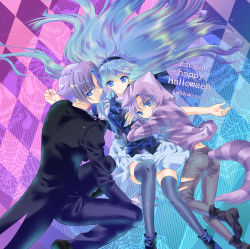Rule 34 | 1girl, 2boys, animal hood, artist name, black footwear, black pants, black suit, black thighhighs, blue capelet, blue eyes, blue hair, blue skirt, capelet, cat tail, checkered background, clef (rayearth), colored eyelashes, dated, dual persona, formal, gloves, happy halloween, highres, holding, holding own hair, hood, hoodie, laki (laki cu), long hair, looking at viewer, lying, magic knight rayearth, multicolored background, multicolored hair, multiple boys, on back, pants, purple hair, purple hoodie, purple tail, ryuuzaki umi, shoes, silk, skirt, spider web, striped tail, suit, tail, thighhighs, torn clothes, twitter username, two-tone hair, white gloves