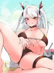 Rule 34 | 1girl, :q, ass, azur lane, bikini, black bikini, blush, boca, choker, earrings, eyeliner, grey hair, highres, jewelry, long hair, looking at viewer, makeup, mole, mole on thigh, navel, prinz eugen (unfading smile) (azur lane), smile, solo, spread legs, sweat, swimsuit, thigh strap, tiptoes, tongue, tongue out, turret, twintails, very long hair, yellow eyes