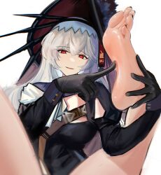 Rule 34 | 1girl, arknights, barefoot, feet, highres, long hair, looking at viewer, parted lips, red eyes, silver hair, soles, specter (arknights), toes
