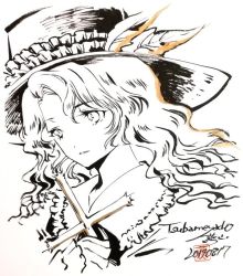 Rule 34 | 1girl, commentary request, dated, fedora, frilled hat, frills, hat, hat feather, jacket girl (dipp), long hair, looking away, monochrome, portrait, signature, touhou, tsubameyado, vest, wavy hair