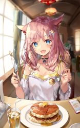 Rule 34 | 1girl, animal ears, blurry, butter, cat ears, character request, commentary request, cup, depth of field, drinking glass, final fantasy, final fantasy xiv, flower, food, glint, hair flower, hair ornament, highres, indoors, looking at viewer, momoko (momopoco), pancake, plate, solo