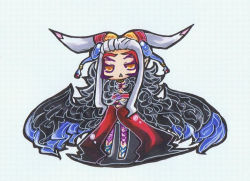 Rule 34 | 1990s (style), 1girl, chibi, dress, female focus, final fantasy, final fantasy viii, fur collar, grey hair, horns, long dress, long hair, makeup, pachepache1228, red dress, retro artstyle, simple background, solo, traditional media, ultimecia, wings