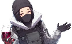 Rule 34 | 1girl, alcohol, artist name, black eyes, black gloves, black hair, cup, drinking glass, frost (rainbow six siege), gloves, half-closed eyes, highres, jacket, long sleeves, looking at viewer, mask, mouth mask, rainbow six siege, shrugging, solo, susan kim, transparent background, twitter username, upper body, wine, wine glass