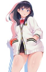 Rule 34 | 10s, 1girl, black hair, black skirt, blue eyes, bow, breasts, fumikiri, gridman universe, hands in pockets, highres, hip focus, long hair, long sleeves, looking at viewer, miniskirt, parted lips, pleated skirt, red bow, school uniform, scrunchie, simple background, skirt, solo, ssss.gridman, sweater, swept bangs, takarada rikka, thighs, white background, white sweater, wrist scrunchie