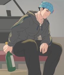 Rule 34 | 1boy, ace attorney, apollo justice: ace attorney, black hair, black pants, blue headwear, bottle, champagne bottle, closed mouth, facial hair, grey hoodie, holding, holding bottle, hood, hoodie, jewelry, lcageki, long sleeves, looking at viewer, male focus, necklace, pants, phoenix wright, short hair, sitting, smile, solo