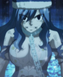 Rule 34 | 1girl, blue eyes, blue hair, breasts, chain, cleavage, fairy tail, hat, highres, juvia lockser, large breasts, long hair, screencap, torn clothes