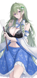 Rule 34 | 1girl, 7saki, :o, absurdres, arms under breasts, black bra, blue eyes, blue skirt, blush, bra, breasts, cleavage, clothes lift, commentary, crossed arms, detached sleeves, feet out of frame, frog hair ornament, gohei, green hair, hair between eyes, hair ornament, head tilt, highres, holding, holding gohei, kochiya sanae, large breasts, long hair, looking at viewer, navel, shirt, shirt lift, simple background, skirt, sleeveless, sleeveless shirt, snake hair ornament, solo, touhou, underwear, very long hair, white background