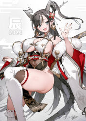 Rule 34 | 1girl, 2024, :d, black hair, black nails, blue eyes, breast curtains, breasts, brown hair, chinese zodiac, commentary request, dated, detached sleeves, dragon girl, dragon horns, dragon tail, fangs, fingernails, grey background, hair ornament, highres, horns, large breasts, long hair, looking at viewer, multicolored hair, nail polish, open mouth, original, pointy ears, signature, smile, solo, streaked hair, tail, thick thighs, thighhighs, thighs, toridamono, w, white hair, white sleeves, white thighhighs, wide sleeves, year of the dragon