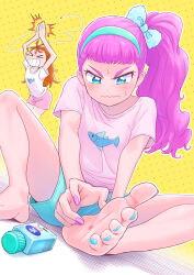 Rule 34 | &gt; &lt;, 2girls, absurdres, animal print, arms up, bare arms, bare legs, barefoot, blue bow, blue eyes, blue hairband, blue nails, blue shorts, blush, bow, brown hair, bug, bug bite, closed mouth, feet, fish print, hair bow, hairband, high ponytail, highres, insect, itou shin&#039;ichi, laura la mer, leaning forward, legs, long hair, mosquito, multiple girls, nail polish, natsuumi manatsu, pink hair, pink nails, pink shirt, pink shorts, polka dot, polka dot background, precure, print shirt, shirt, short shorts, short sleeves, shorts, side ponytail, soles, spread toes, standing, sweatdrop, t-shirt, toenail polish, toenails, toes, tropical-rouge! precure, v-shaped eyebrows, yellow background