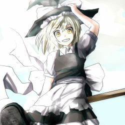 Rule 34 | 1girl, ao-shiba, blonde hair, bow, broom, broom riding, clenched teeth, grin, hat, hat bow, holding, holding hat, kirisame marisa, smile, solo, teeth, touhou, witch hat, yellow eyes