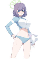 Rule 34 | 1girl, asicah, blue archive, blue eyes, blue jacket, blush, breasts, commentary, halo, helmet, highres, jacket, large breasts, long sleeves, looking at viewer, navel, official alternate costume, purple hair, saki (blue archive), saki (swimsuit) (blue archive), short hair, simple background, solo, swimsuit, white background