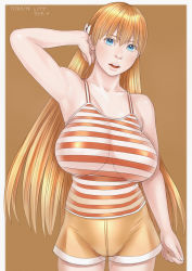 Rule 34 | 1girl, armpits, artist request, bare shoulders, blonde hair, blue eyes, breasts, brown background, cameltoe, dated, eyelashes, hand in own hair, highres, large breasts, long hair, looking at viewer, open mouth, shirt, short shorts, shorts, solo, standing, striped clothes, striped shirt, tagme, thigh gap