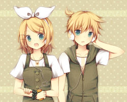 Rule 34 | 1boy, 1girl, aqua eyes, bad id, bad pixiv id, blonde hair, bracelet, brother and sister, casual, chizu (fiute), digital media player, fiute, hair ornament, hair ribbon, hairclip, headphones, jewelry, kagamine len, kagamine rin, necklace, open mouth, ribbon, short hair, siblings, twins, vocaloid