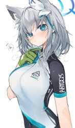 Rule 34 | 1girl, animal ear fluff, animal ears, aqua eyes, bike jersey, blue archive, breasts, cat ears, closed mouth, clothes writing, cross hair ornament, gloves, green gloves, grey hair, hair ornament, halo, highres, large breasts, medium hair, mismatched pupils, shiroko (blue archive), shiroko (cycling) (blue archive), simple background, single glove, solo, sweat, white background