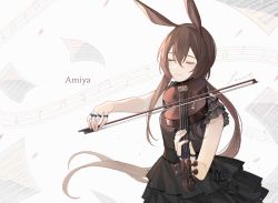 Rule 34 | 1girl, absurdres, ambience synesthesia, amiya (arknights), animal ears, arknights, black dress, blush, bow (music), brown hair, character name, chasehuimao, closed mouth, dress, hair between eyes, highres, holding, holding bow (music), holding instrument, holding violin, instrument, jewelry, layered dress, long hair, low ponytail, multiple rings, music, official alternate costume, playing instrument, rabbit ears, ring, sheet music, short hair, sidelocks, simple background, smile, solo, very long hair, violin, white background