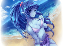 Rule 34 | 00s, 1girl, beach, bikini, blue eyes, blue hair, blue skin, breasts, celsius (tales), cleavage, cloud, colored skin, day, expressionless, long hair, matching hair/eyes, medium breasts, nijigami rin, outdoors, pointy ears, ponytail, sarong, sky, solo, swimsuit, tales of (series), tales of eternia, water, white bikini