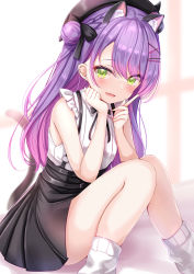 Rule 34 | 1girl, animal ear fluff, animal ears, bare arms, beret, black bow, black hat, black skirt, blouse, blush, bow, braid, cat ears, cat tail, commentary, ear piercing, earrings, fake horns, feet out of frame, french braid, green eyes, hair bow, hair bun, hair ornament, hairclip, hat, high-waist skirt, highres, hololive, horned headwear, horns, jewelry, kemonomimi mode, long hair, looking at viewer, multicolored hair, multicolored nails, nail polish, open mouth, piercing, pink hair, pink nails, pleated skirt, purple hair, shirt, side bun, single hair bun, single side bun, sitting, skirt, sleeveless, sleeveless shirt, socks, solo, tail, tokoyami towa, two-tone hair, virtual youtuber, white shirt, white socks, x hair ornament, yellow nails, yuano