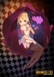 Rule 34 | 1girl, bare shoulders, blonde hair, brown footwear, brown pantyhose, character request, checkered background, closed mouth, collarbone, copyright name, destiny child, dress, flower, gloves, hair between eyes, hair flower, hair ornament, half gloves, hand on own chest, hand up, highres, karinto yamada, long hair, multicolored hair, no shoes, pantyhose, pink flower, purple eyes, purple flower, purple hair, sitting, solo, strapless, strapless dress, two-tone hair, very long hair, white dress, white gloves