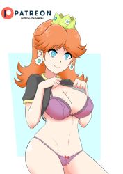 Rule 34 | 1girl, blush, bra, breasts, brown hair, cleavage, clothes lift, crown, earrings, flower earrings, grin, jewelry, large breasts, looking at viewer, mario (series), navel, nintendo, panties, princess daisy, revista-paradoja, shiny skin, shirt lift, smile, solo, standing, super mario land, thighs, tomboy, underwear, undressing