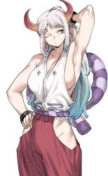 Rule 34 | 1girl, absurdres, aqua hair, arm up, breasts, cleavage, closed mouth, curled horns, earrings, gradient hair, hakama, hakama pants, hand on own hip, highres, hip vent, hoop earrings, horns, japanese clothes, jewelry, large breasts, long hair, multicolored hair, multicolored horns, one eye closed, one piece, orange horns, pants, ponytail, red eyes, red hakama, red horns, sideboob, simple background, solo, urec, very long hair, white background, white hair, yamato (one piece)