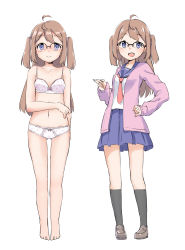Rule 34 | 1girl, absurdres, ahoge, amemiya sekira, arm across waist, bare shoulders, barefoot, black socks, blue eyes, blush, bow, bow bra, bow panties, bra, breasts, breasts apart, brown hair, collarbone, commentary request, embarrassed, eyebrows, full body, glasses, hand on own hip, highres, jacket, kneehighs, legs together, loafers, long hair, looking at viewer, multiple views, navel, nose blush, open mouth, original, panties, pink bra, pink jacket, pink panties, pleated skirt, pointing, polka dot, polka dot bra, polka dot panties, school uniform, sekira ame, serafuku, shoes, simple background, skirt, sleeves past wrists, small breasts, socks, standing, teeth, two side up, underwear, underwear only, variations, white background