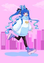 Rule 34 | 1girl, @ @, ahoge, animal ears, aqua hair, be do0125, black pantyhose, blue eyes, blue hair, blue hoodie, boots, bow, casual, city, cloud, commentary request, crossed bangs, full body, hair bow, heterochromia, highres, hood, hoodie, horse ears, horse girl, horse tail, leg up, long hair, long sleeves, looking at viewer, multicolored hair, official alternate costume, open mouth, pantyhose, pink background, platform boots, platform footwear, purple eyes, sharp teeth, sidelocks, skyline, solo, striped bow, stuffed animal, stuffed rabbit, stuffed toy, tail, teeth, twin turbo (umamusume), twintails, two-tone hair, umamusume, upper teeth only