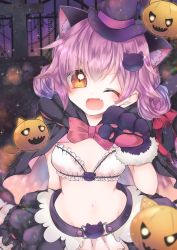Rule 34 | 1girl, ;d, animal ears, animal hands, aya-0w0, bad id, bad pixiv id, belt, black cape, black hat, black skirt, bow, bowtie, bra, cape, cat ears, cat hair ornament, cowboy shot, daisy (flower knight girl), double bun, flower knight girl, gloves, hair bun, hair ornament, halloween, hat, highres, jack-o&#039;-lantern, looking at viewer, midriff, navel, one eye closed, open mouth, paw gloves, paw pose, pink bow, pink hair, short hair, skirt, smile, solo, underwear, white bra, witch hat, yellow eyes