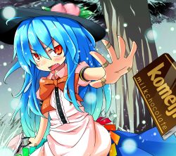 Rule 34 | 1girl, bag, bandaid, bandaid on hand, blue hair, blush, brand name imitation, censored, chocolate, commentary request, dorowa no hito, fake censor, fang, food, fruit, hat, highres, hinanawi tenshi, long hair, meiji (brand), open mouth, peach, puffy sleeves, red eyes, shirt, short sleeves, skirt, snowing, solo, throwing, touhou, tree, tsundere, valentine, very long hair, wavy mouth