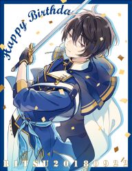 Rule 34 | 1boy, black gloves, black hair, closed mouth, dated, ensemble stars!, gloves, hair between eyes, happy birthday, high collar, holding, holding sword, holding weapon, long sleeves, looking at viewer, male focus, pants, red eyes, sakuma ritsu, seuga, short hair, solo, sword, weapon, white pants