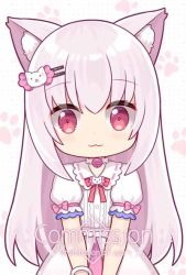 Rule 34 | 1girl, :3, animal ear fluff, animal ears, bell, bow, cat ears, cat hair ornament, closed mouth, collared dress, commission, dress, grey hair, hair between eyes, hair ornament, hairclip, hitsuki rei, indie virtual youtuber, jingle bell, long hair, looking at viewer, puffy short sleeves, puffy sleeves, red bow, red eyes, short sleeves, solo, vanilla shironeko, very long hair, virtual youtuber, watermark, white dress