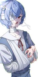 Rule 34 | 097 rin, absurdres, ayanami rei, bandage over one eye, bandaged arm, bandages, blood, blue hair, closed mouth, highres, interface headset, neon genesis evangelion, red eyes, red ribbon, ribbon, school uniform, short hair, simple background, tokyo-3 middle school uniform, white background