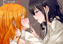 Rule 34 | 2girls, after kiss, aihara mei, aihara yuzu, black hair, blonde hair, blush, citrus (saburouta), dated, closed eyes, highres, long hair, looking at viewer, looking to the side, multiple girls, open mouth, saliva, saliva trail, tongue, tongue out, yuri