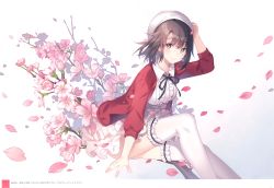 Rule 34 | 1girl, absurdres, arm up, beret, breasts, brown hair, center frills, cherry blossoms, closed mouth, feet out of frame, floral background, flower, frilled thighhighs, frills, gradient background, hand on headwear, hat, highres, katou megumi, looking at viewer, medium breasts, neck ribbon, petals, ribbon, rie (reverie), saenai heroine no sodatekata, scan, simple background, smile, solo, thighhighs, white thighhighs, wind