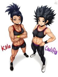 Rule 34 | 2girls, abs, absurdres, biceps, bike shorts, black hair, breasts, caulifla, character name, cleavage, collarbone, covered erect nipples, crossed arms, curvy, dragon ball, dragon ball super, hands on own hips, highres, jmg, kale (dragon ball), looking at viewer, multiple girls, muscular, muscular female, navel, pants, ponytail, shoes, simple background, smile, sneakers, spiked hair, sports bra, sportswear, stomach, toned, wristband, yoga pants