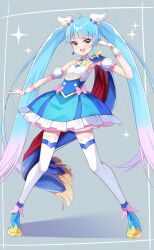 Rule 34 | 1girl, absurdres, blue cape, blue dress, blue eyes, blue footwear, blue hair, boots, bow, brooch, cape, commentary, cure sky, cut bangs, detached sleeves, dress, dress bow, earclip, earrings, frilled dress, frills, fringe trim, full body, gloves, gradient hair, highres, hirogaru sky! precure, jewelry, long hair, looking at viewer, magical girl, meshiya (naruga-501-kuaru), multicolored hair, open mouth, pink bow, pink hair, precure, puffy detached sleeves, puffy sleeves, red cape, short dress, single earring, single sidelock, sleeveless, sleeveless dress, smile, solo, sora harewataru, sparkle, standing, streaked hair, thighhighs, twintails, two-sided cape, two-sided fabric, very long hair, white dress, white gloves, white thighhighs, wing brooch, wing hair ornament, zettai ryouiki