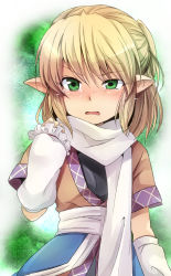 Rule 34 | 1girl, arm up, arm warmers, blonde hair, blush, clenched hand, female focus, green eyes, marimo danshaku, mizuhashi parsee, open mouth, pointy ears, raised eyebrow, sash, scarf, shirt, short hair, skirt, solo, tears, touhou, uneven eyes, upper body, wavy mouth