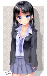 Rule 34 | 1girl, black hair, black jacket, blue eyes, blue neckwear, blue shirt, blush, collared shirt, commentary request, copyright request, grey background, grey skirt, hair ornament, hairclip, jacket, long sleeves, looking at viewer, mokufuu, pleated skirt, shirt, skirt, solo