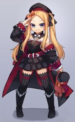 Rule 34 | 1girl, abigail williams (fate), bare shoulders, black dress, black thighhighs, blonde hair, blue eyes, blush, breasts, cosplay, detached collar, dress, fate/grand order, fate (series), forehead, full body, helena blavatsky (fate), helena blavatsky (fate) (cosplay), helena blavatsky (third ascension) (fate), highres, long hair, long sleeves, looking at viewer, miya (miyaruta), parted bangs, short dress, small breasts, smile, stuffed animal, stuffed toy, teddy bear, thighhighs, thighs