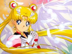 Rule 34 | 1990s (style), 1girl, bishoujo senshi sailor moon, bishoujo senshi sailor moon sailor stars, blonde hair, blue eyes, crescent, double bun, earrings, eternal sailor moon, feathers, gloves, hands on own chest, highres, jewelry, long hair, magical girl, official art, sailor, sailor moon, smile, solo, tsukino usagi, wings