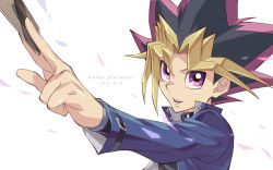 Rule 34 | 1boy, black shirt, blonde hair, blue jacket, card, dated, dyed bangs, happy birthday, highres, holding, holding card, jacket, looking at viewer, male focus, millennium puzzle, multicolored hair, muto yugi, open clothes, open jacket, open mouth, purple eyes, purple hair, shirt, simple background, smile, solo, talgi, teeth, two-tone hair, upper body, white background, yu-gi-oh!, yu-gi-oh! duel monsters